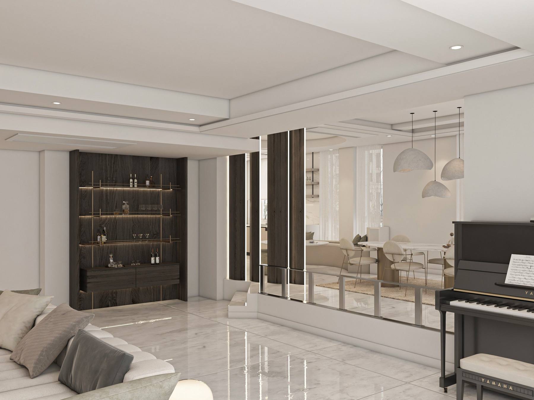 Piano and bar — Yamaha grand piano with shelving