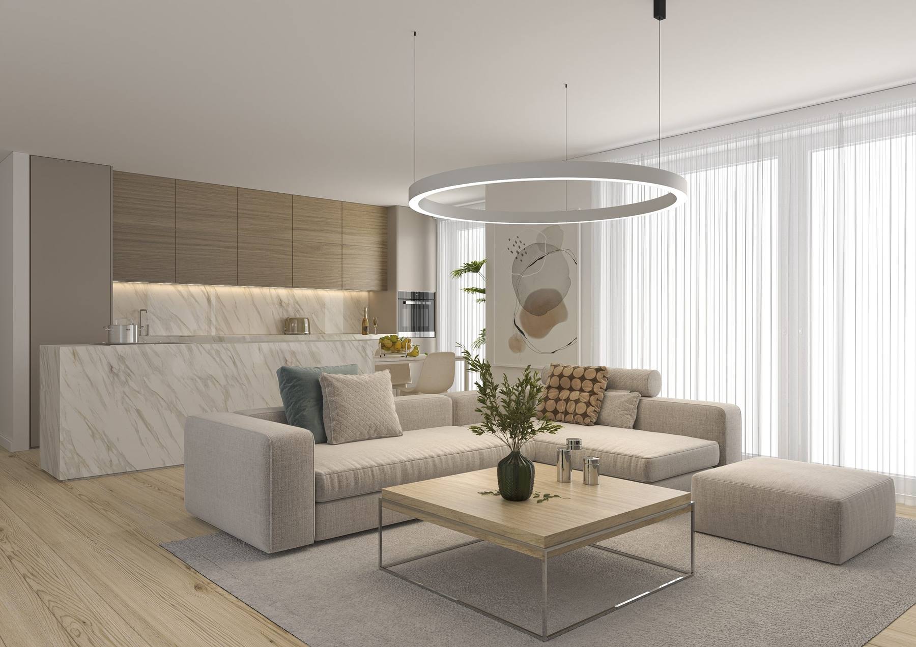 Open plan kitchen with marble island